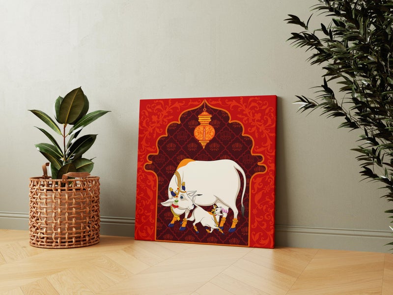 Casperme Kamdhenu Cow Vastu Prosperity Cotton Canvas Wall Painting For Living Room for Bedroom, Hotels & Office Decoration (Red, 24 x 24 inches) - Image 5