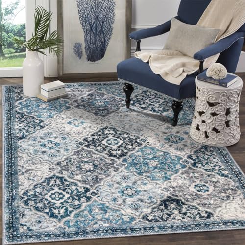 KILOCOCO 3x5 Moroccan Super Soft Area Rug Washable Living Room BlueMulti Vintage Floral Rug Indoor NonSlip Print Faux Wool Accent Indoor Entryway Rug for Laundry Playroom Office - Image 1