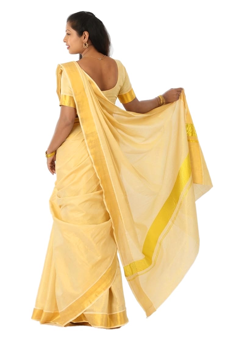 YETTALAN® Women’s Kerala Traditional Tissue Saree with Running Blouse Piece (Gold Tissue) - Image 2