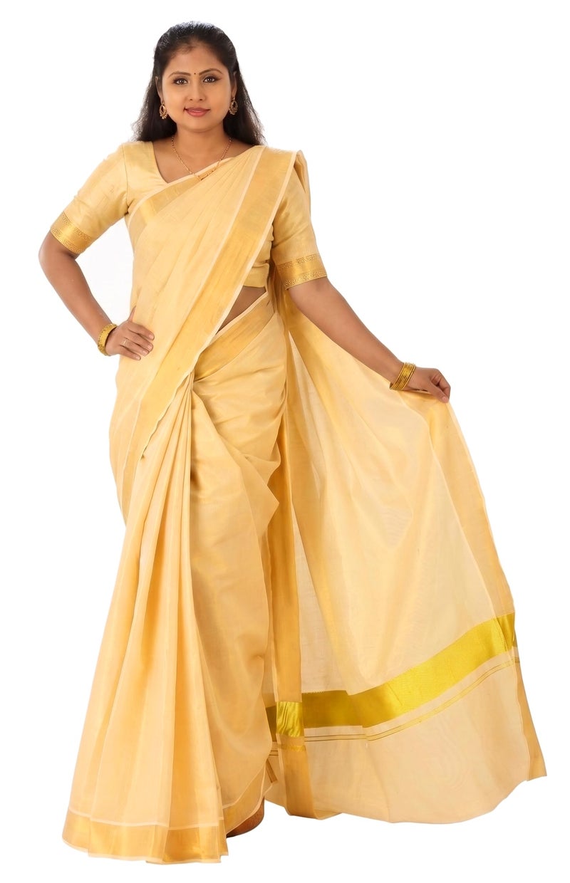 YETTALAN® Women’s Kerala Traditional Tissue Saree with Running Blouse Piece (Gold Tissue) - Image 5