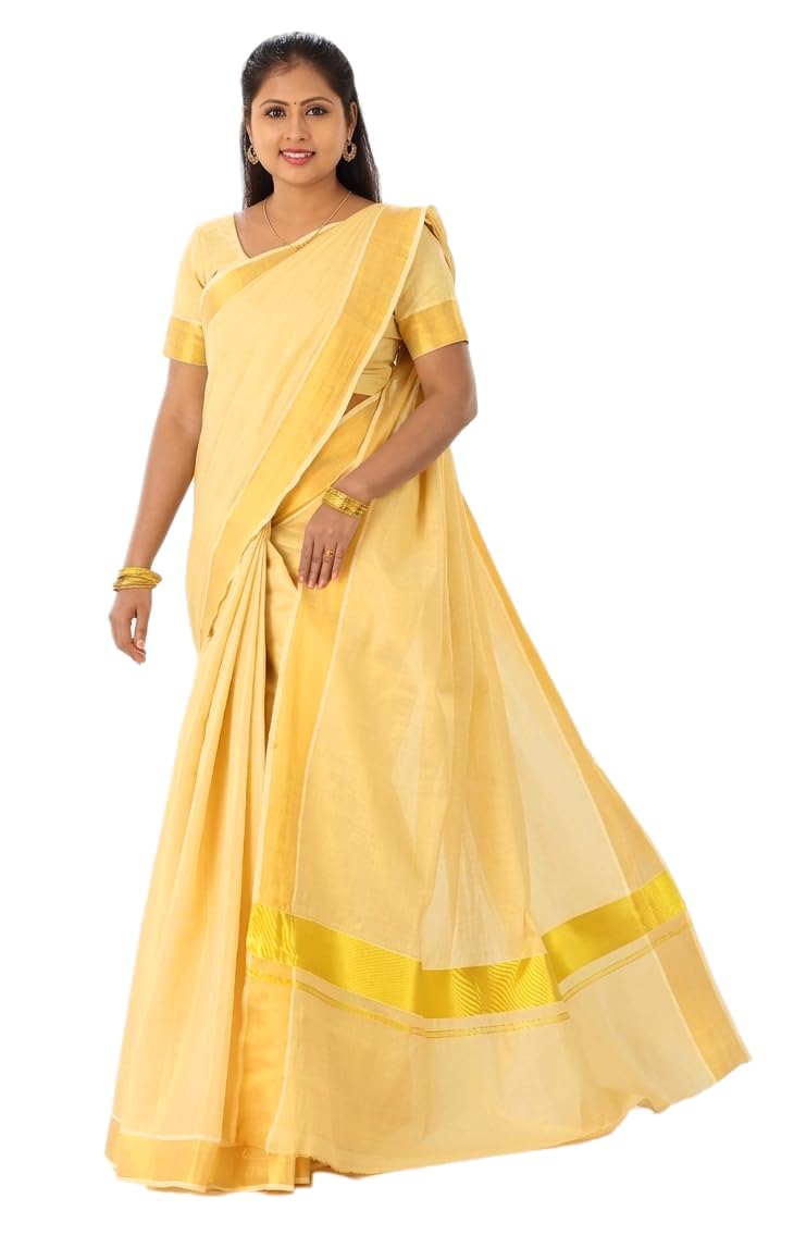 YETTALAN® Women’s Kerala Traditional Tissue Saree with Running Blouse Piece (Gold Tissue) - Image 3