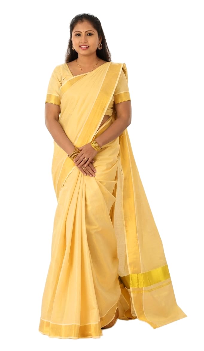 YETTALAN® Women’s Kerala Traditional Tissue Saree with Running Blouse Piece (Gold Tissue) - Image 4