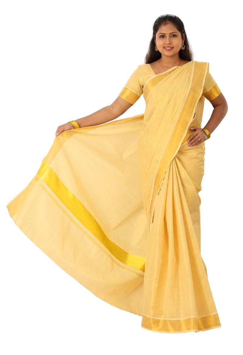 YETTALAN® Women’s Kerala Traditional Tissue Saree with Running Blouse Piece (Gold Tissue) - Image 1