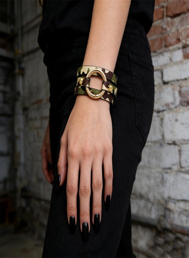 WCRAZYE Camouflage Jewelry Sets for Men Women Handmade Vintage Cool Cheetah Leopard Circle Cuff Bangle Multilayer Stackable Camo Wrap Bracelet Earrings (Green) - Image 4