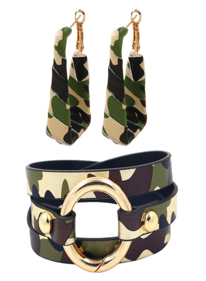 WCRAZYE Camouflage Jewelry Sets for Men Women Handmade Vintage Cool Cheetah Leopard Circle Cuff Bangle Multilayer Stackable Camo Wrap Bracelet Earrings (Green) - Image 1