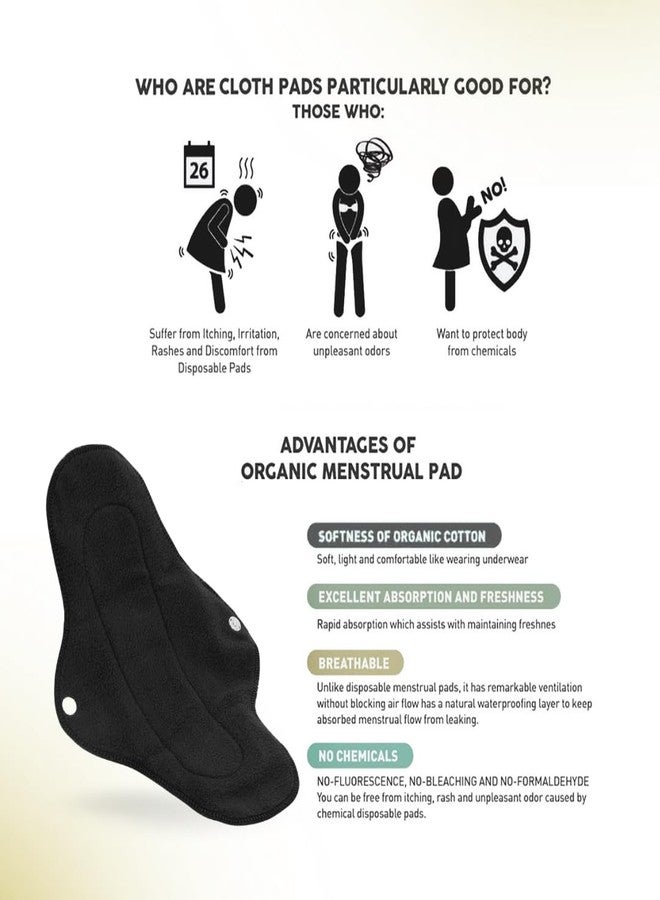 CareDone Black Reusable Cotton Sanitary Pad Cloth I Washable Cloth Pads I Soft and Breathable Fabric | Super Absorbent Ultra Soft Cotton Rash Free Pads For Women (3 Count - Black Reusable Pads) - Image 4