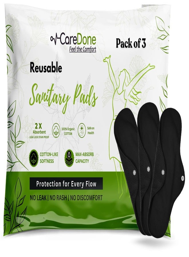 CareDone Black Reusable Cotton Sanitary Pad Cloth I Washable Cloth Pads I Soft and Breathable Fabric | Super Absorbent Ultra Soft Cotton Rash Free Pads For Women (3 Count - Black Reusable Pads) - Image 1