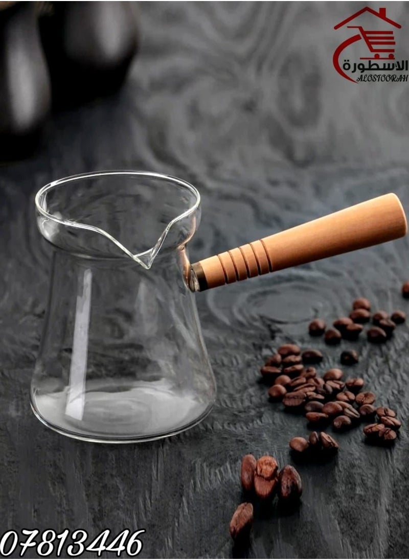 Curved Borosilicate Glass Turkish Coffee Pot With Wooden Stand