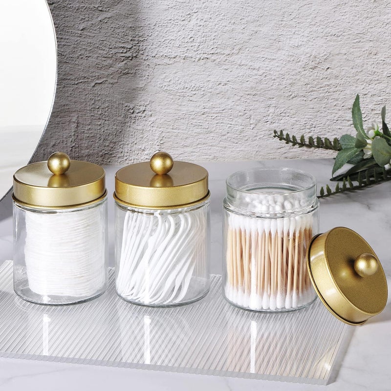 Komashr Apothecary Jar Canisters Bathroom Vanity Organizer - Qtip Holder Storage Organizer Countertop Canister-Stainless Steel Lids &Cute Stickers for Qtips,Cotton Swabs,Makeup Sponges,Floss(3 Pack ) (Gold) - Image 5