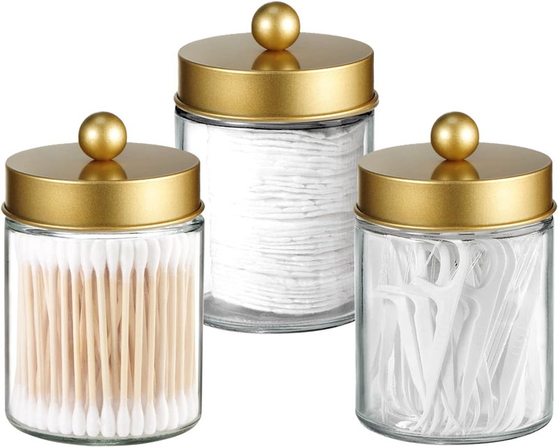 Komashr Apothecary Jar Canisters Bathroom Vanity Organizer - Qtip Holder Storage Organizer Countertop Canister-Stainless Steel Lids &Cute Stickers for Qtips,Cotton Swabs,Makeup Sponges,Floss(3 Pack ) (Gold) - Image 1