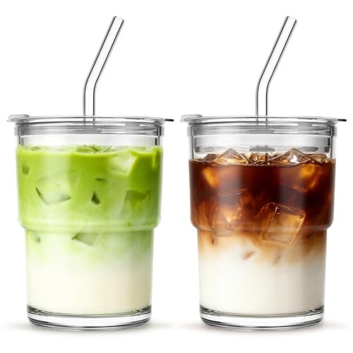 INSETLAN 13oz Portable Glass Tumblers Set of 2 Thick Wall Glass Cups with Lid and Glass Straw OntheGo Coffee Cups for Iced Coffee Tea Milk Hot Cold Drinks Travel Daily Use - Image 1