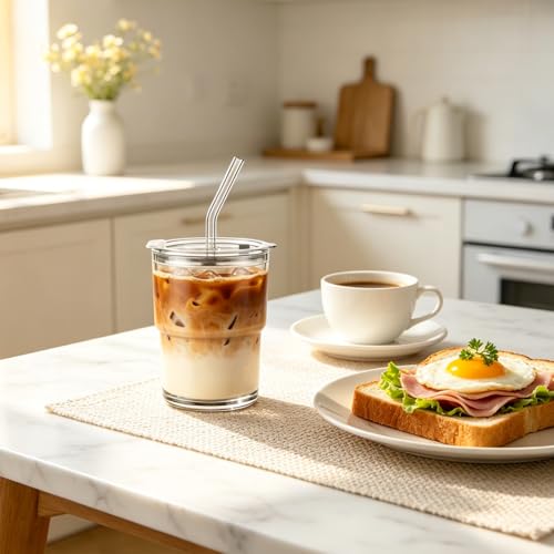 INSETLAN 13oz Portable Glass Tumblers Set of 2 Thick Wall Glass Cups with Lid and Glass Straw OntheGo Coffee Cups for Iced Coffee Tea Milk Hot Cold Drinks Travel Daily Use - Image 3