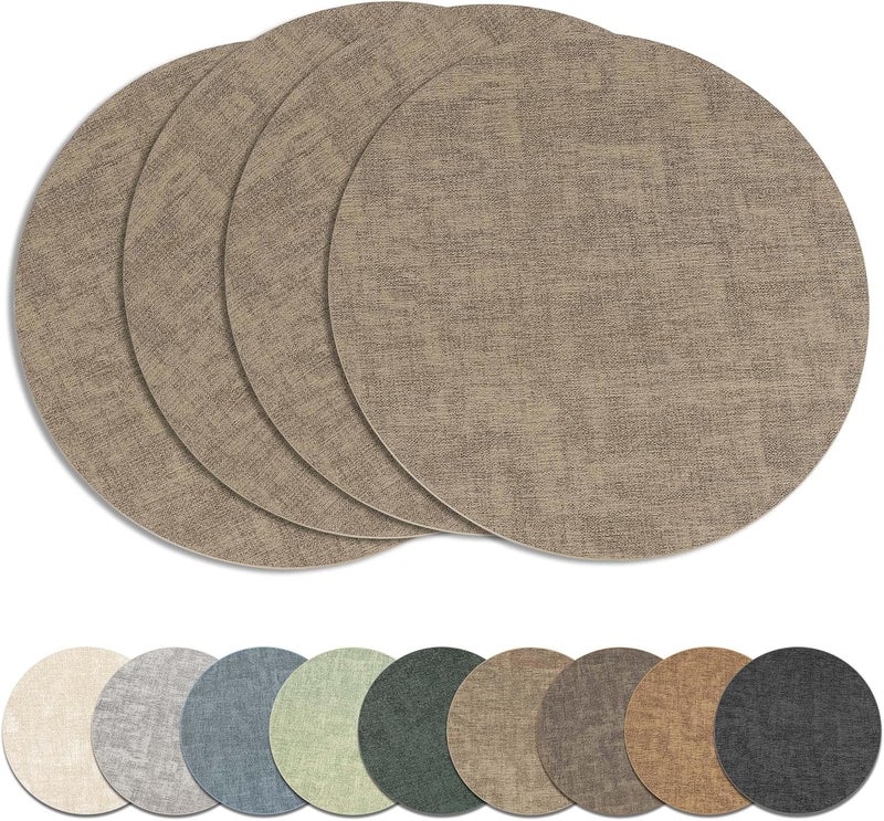 NCUE 13" Round Placemats Set of 4, Reversible Faux Leather Heat Resistant Table Mats, Waterproof Oilproof Wipeable Table Protective Placemats for Vinyl, Washable for Indoor & Outdoor Use (4, Light Coffee) - Image 1