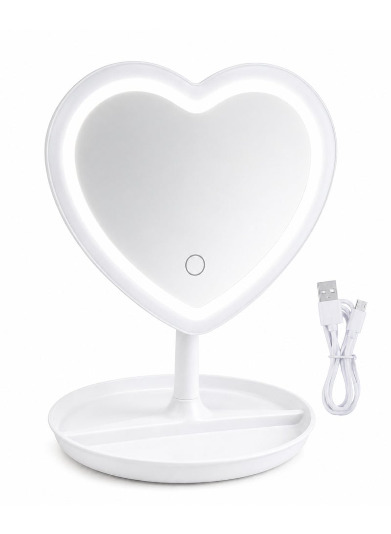 White Heart-Shaped Rechargeable Led Vanity Makeup Mirror With 3 Adjustable Light Modes, Touch Control, 90° Rotation & Storage Tray - Image 1
