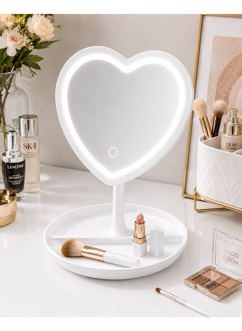 White Heart-Shaped Rechargeable Led Vanity Makeup Mirror With 3 Adjustable Light Modes, Touch Control, 90° Rotation & Storage Tray - Image 2