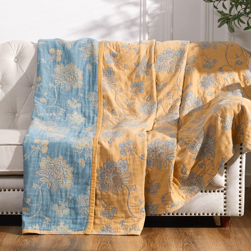 jinchan Boho 100 Cotton Muslin Twin Size 60x80 Inches Blanket Lightweight 4Layer Quilted Soft Yellow and Blue Floral Throw Blanket Reversible Comfy Flower Breathable All Seasons Couch Bedroom Decor - Image 2