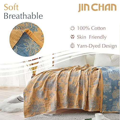 jinchan Boho 100 Cotton Muslin Twin Size 60x80 Inches Blanket Lightweight 4Layer Quilted Soft Yellow and Blue Floral Throw Blanket Reversible Comfy Flower Breathable All Seasons Couch Bedroom Decor - Image 3