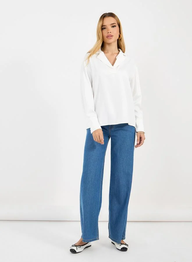 Styli Notch Lapel Collar Top with Long Sleeves