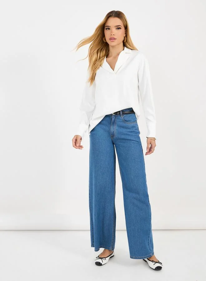 Styli Notch Lapel Collar Top with Long Sleeves