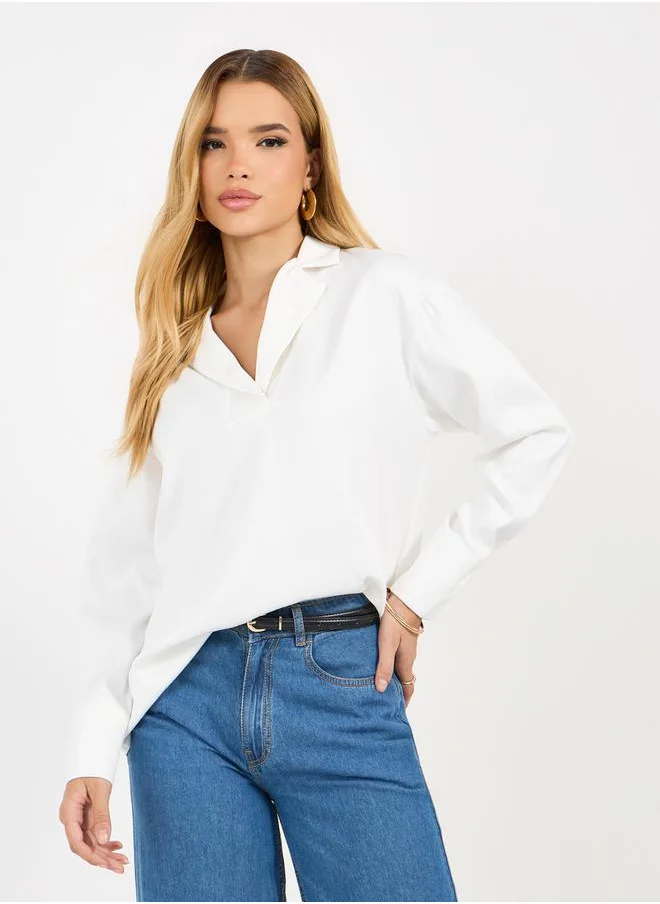 Styli Notch Lapel Collar Top with Long Sleeves