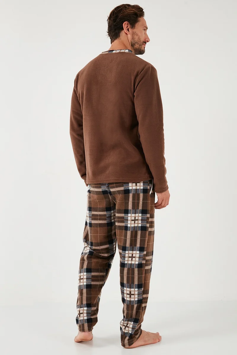Buratti Plaid Regular Fit Buttoned Crew Neck Winter Fleece Pajama Set Men's Pajama Set 60961002