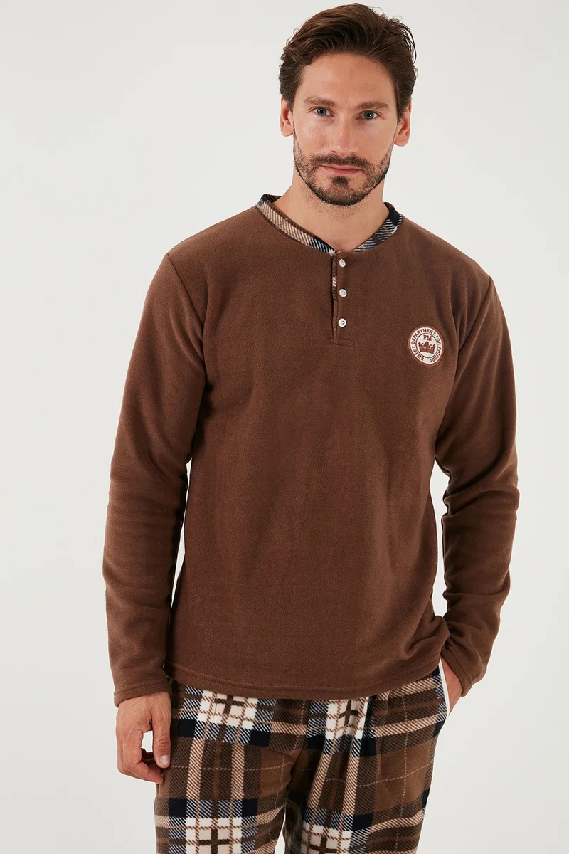 Buratti Plaid Regular Fit Buttoned Crew Neck Winter Fleece Pajama Set Men's Pajama Set 60961002