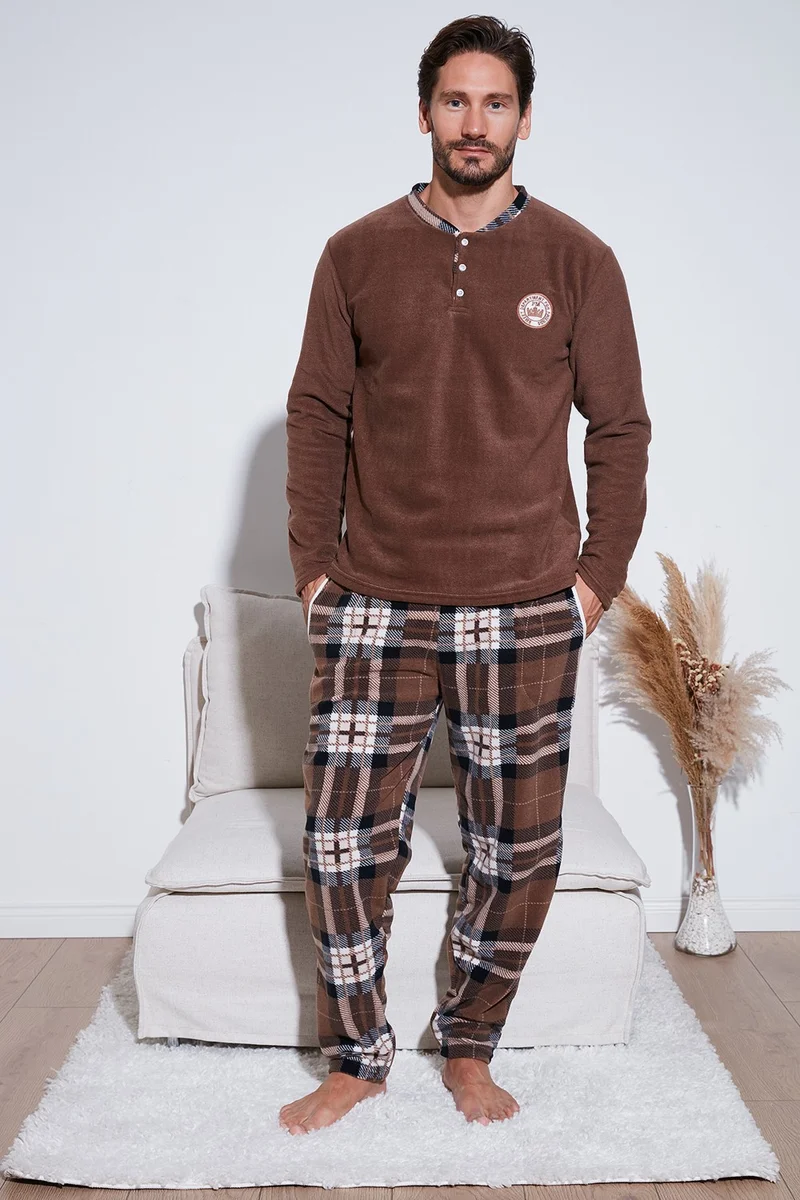 Buratti Plaid Regular Fit Buttoned Crew Neck Winter Fleece Pajama Set Men's Pajama Set 60961002