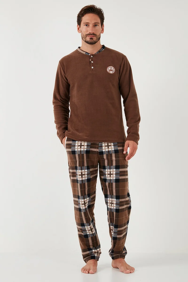 Buratti Plaid Regular Fit Buttoned Crew Neck Winter Fleece Pajama Set Men's Pajama Set 60961002