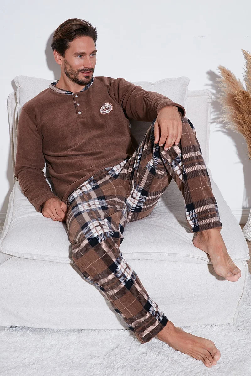 Buratti Plaid Regular Fit Buttoned Crew Neck Winter Fleece Pajama Set Men's Pajama Set 60961002