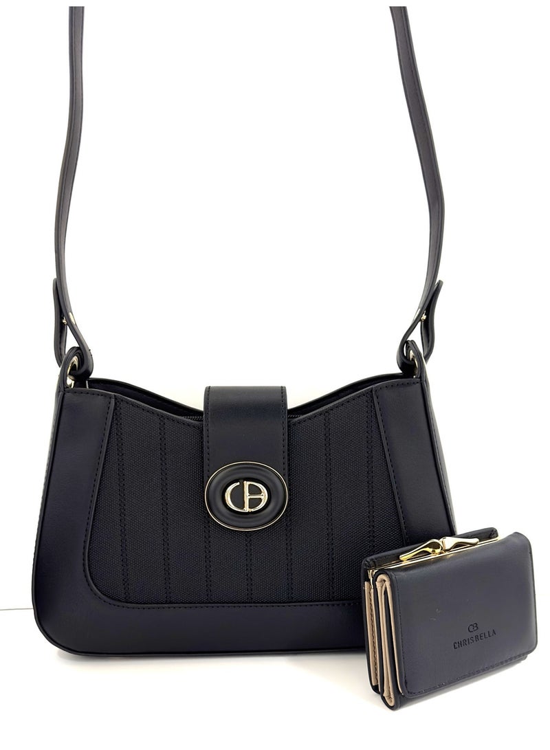 Chrisbella Handbag. Small (L28*W8*H17 cm) with detachable Strap and mini Wallet. Colour: Black. - Image 1