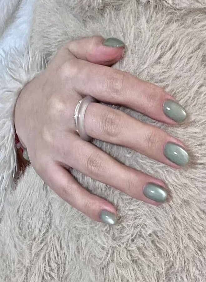 MIXNEX 10Pcs Cat Eye Press-On Nails - Medium Size Short Oval Fresh Green Magnetic Shimmer Fake Nails - Glossy Handmade Nail Tips for Women with Storage Case & Manicure Tools - Image 2