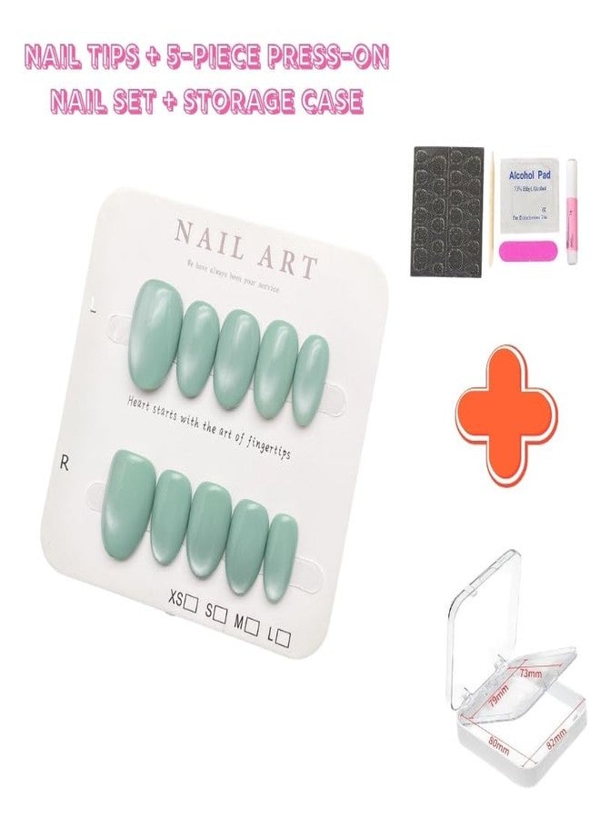 MIXNEX 10Pcs Cat Eye Press-On Nails - Medium Size Short Oval Fresh Green Magnetic Shimmer Fake Nails - Glossy Handmade Nail Tips for Women with Storage Case & Manicure Tools - Image 5