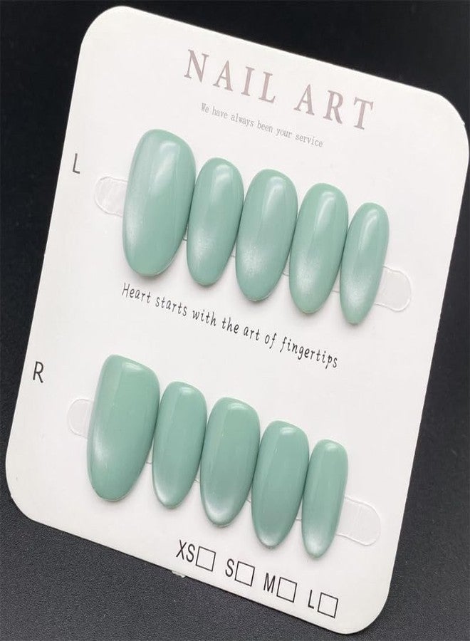 MIXNEX 10Pcs Cat Eye Press-On Nails - Medium Size Short Oval Fresh Green Magnetic Shimmer Fake Nails - Glossy Handmade Nail Tips for Women with Storage Case & Manicure Tools - Image 3