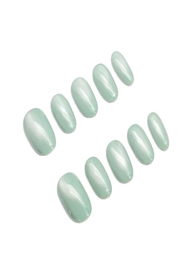 MIXNEX 10Pcs Cat Eye Press-On Nails - Medium Size Short Oval Fresh Green Magnetic Shimmer Fake Nails - Glossy Handmade Nail Tips for Women with Storage Case & Manicure Tools - Image 4