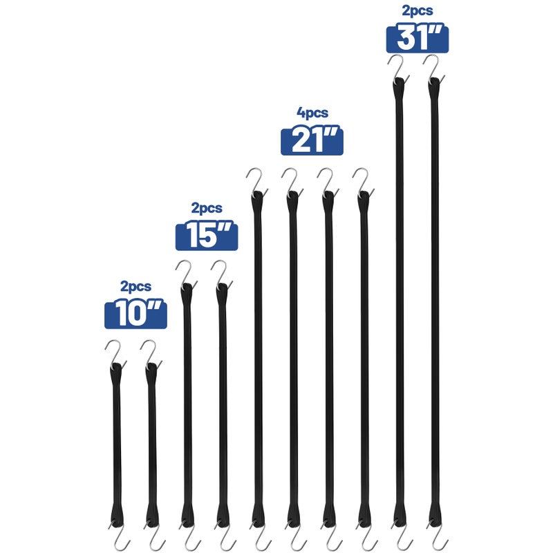 Bolvixor Bungee Cords with Hooks (10 Pack) â€“ 10", 15", 21", 31" Heavy Duty EPDM Rubber Tarp Straps, Max Stretch 2X, Load 180+ LBS, Crimped S Hooks for Cargo, Trucks, Camping, Outdoor Use - Image 2