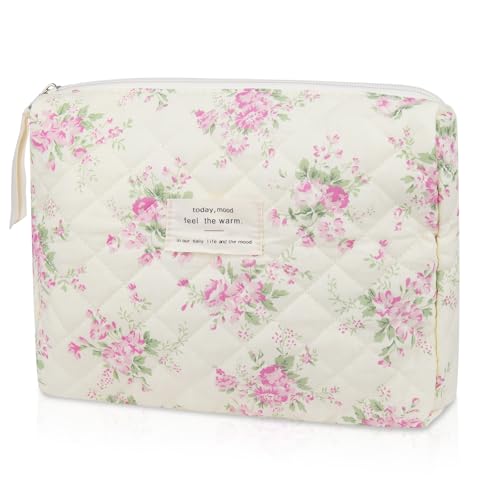 Gosect Floral Makeup Bag, Small Cosmetic Bag for Women Girls, Cute Cotton Makeup Bag, Quilted Makeup Bags, Flower Travel Toiletry Organizer Bag(Pink Flower) - Image 1
