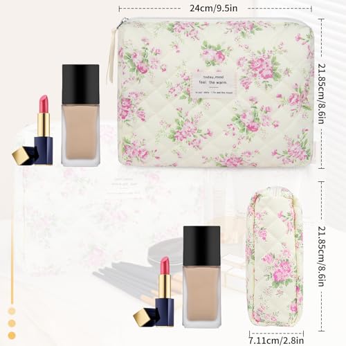 Gosect Floral Makeup Bag, Small Cosmetic Bag for Women Girls, Cute Cotton Makeup Bag, Quilted Makeup Bags, Flower Travel Toiletry Organizer Bag(Pink Flower) - Image 2