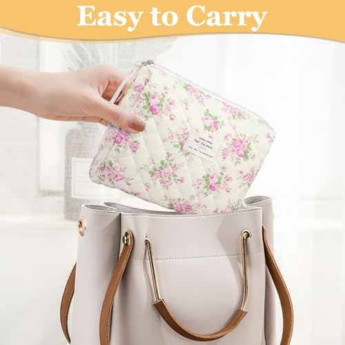Gosect Floral Makeup Bag, Small Cosmetic Bag for Women Girls, Cute Cotton Makeup Bag, Quilted Makeup Bags, Flower Travel Toiletry Organizer Bag(Pink Flower) - Image 4