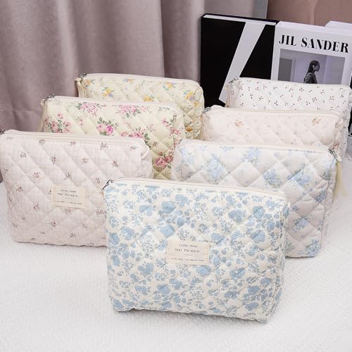 Gosect Floral Makeup Bag, Small Cosmetic Bag for Women Girls, Cute Cotton Makeup Bag, Quilted Makeup Bags, Flower Travel Toiletry Organizer Bag(Pink Flower) - Image 5