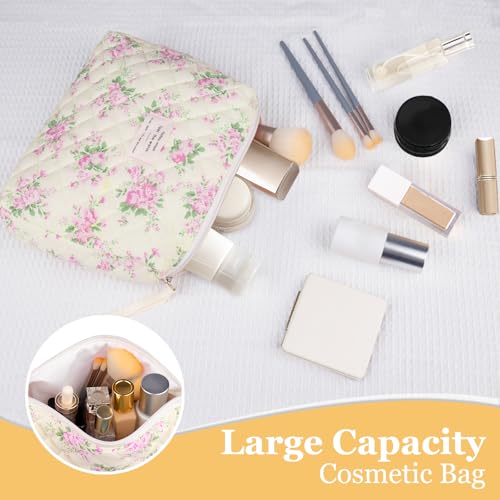 Gosect Floral Makeup Bag, Small Cosmetic Bag for Women Girls, Cute Cotton Makeup Bag, Quilted Makeup Bags, Flower Travel Toiletry Organizer Bag(Pink Flower) - Image 3