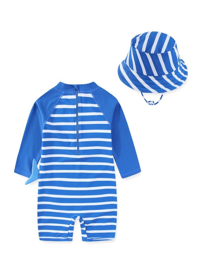 SGMWVB Baby boy Swimsuit Toddler One Piece Zipper Swimwear UPF 50+ Sun Protection Sunsuit Infant Bathing Suit with Sun Hat Blue Stripes Shark 9-18 Months - Image 3