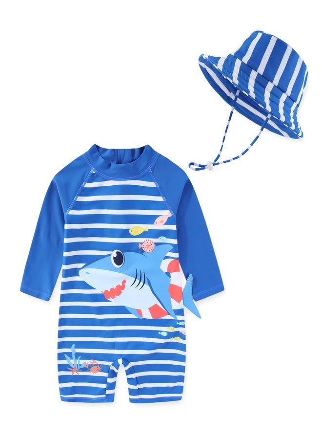 SGMWVB Baby boy Swimsuit Toddler One Piece Zipper Swimwear UPF 50+ Sun Protection Sunsuit Infant Bathing Suit with Sun Hat Blue Stripes Shark 9-18 Months - Image 1