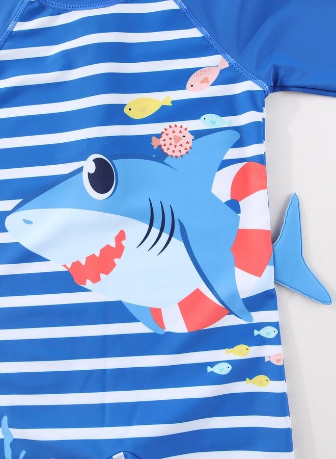 SGMWVB Baby boy Swimsuit Toddler One Piece Zipper Swimwear UPF 50+ Sun Protection Sunsuit Infant Bathing Suit with Sun Hat Blue Stripes Shark 9-18 Months - Image 2