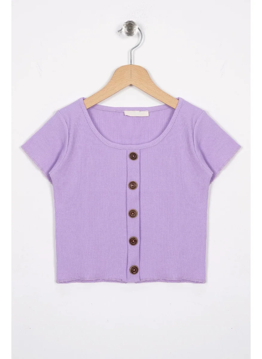 زيبكيدز Crew Neck Short Sleeve Ribbed Lilac Color Girls T-shirt