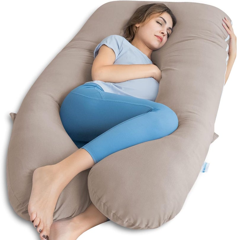 QUEEN ROSE Cooling Pregnancy Pillows, Maternity Pillow for Sleeping, 55in U Shaped Body Pillow for Pregnant Support, with Removable Silky Cover, Beige - Image 1