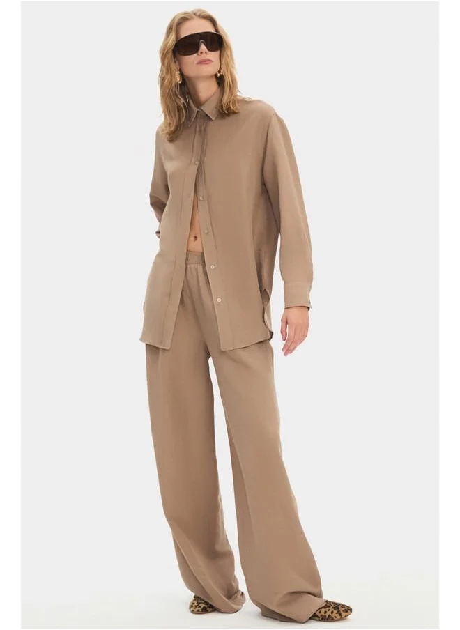 جون June Viscose Linen Shirt Trouser Set Mink