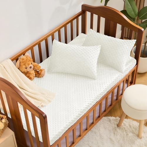 Entisn Baby Crib Sheets 2 Pack, 28 x 52 Inch Minky Dot Fitted Crib Mattress Sheet for Boys and Girls, Soft and Warm Fleece Nursery Bedding for Standard Toddler Bed Mattresses (White) - Image 2