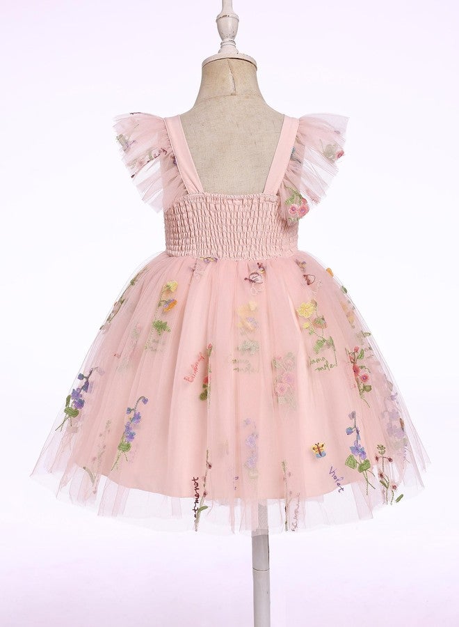 ODOLDI Toddler Baby Girls Tulle Dress Floral Embroidery Ruffle Tulle Tutu Dress Birthday Party Dress Pink 18-24 Months - Image 3