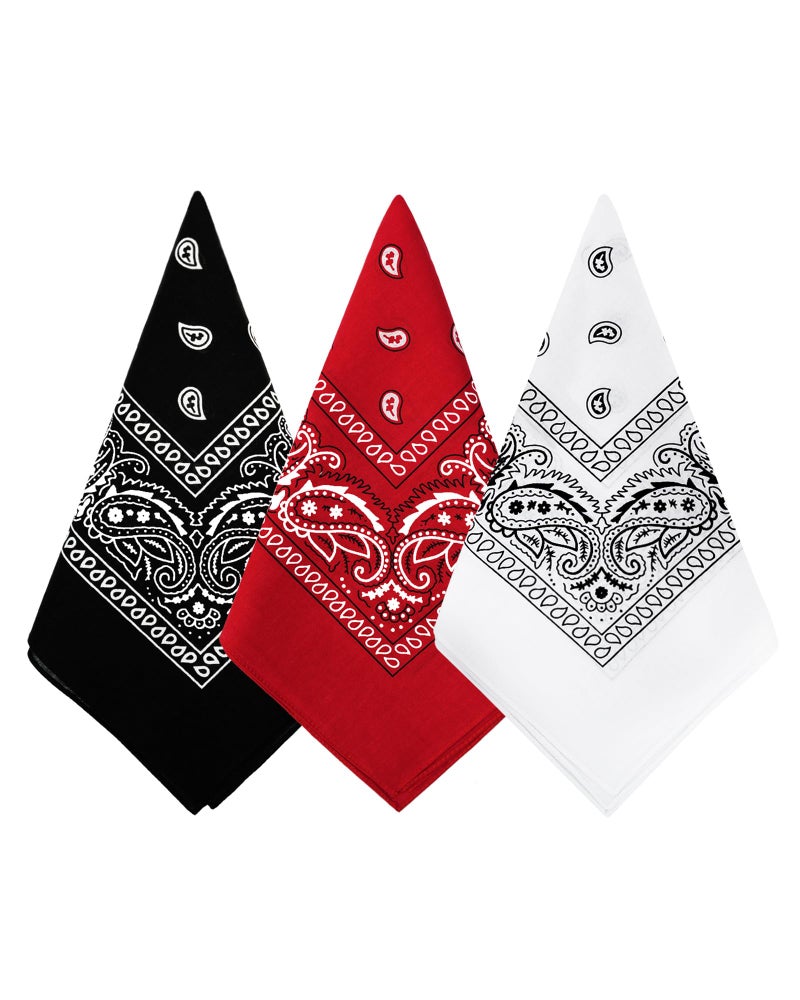 Bycc Bynn 3 Pack Pure Cotton Paisley Pattern Bandanas Square Scarf Headwear (Black + Red + White) - Image 1