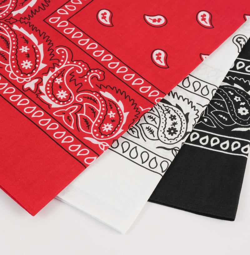 Bycc Bynn 3 Pack Pure Cotton Paisley Pattern Bandanas Square Scarf Headwear (Black + Red + White) - Image 4